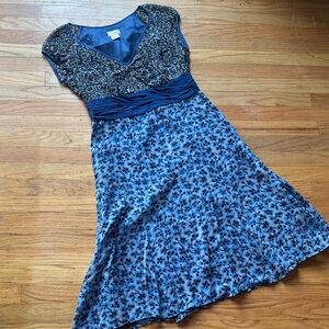 Elegant Blue Floral Silk Dress